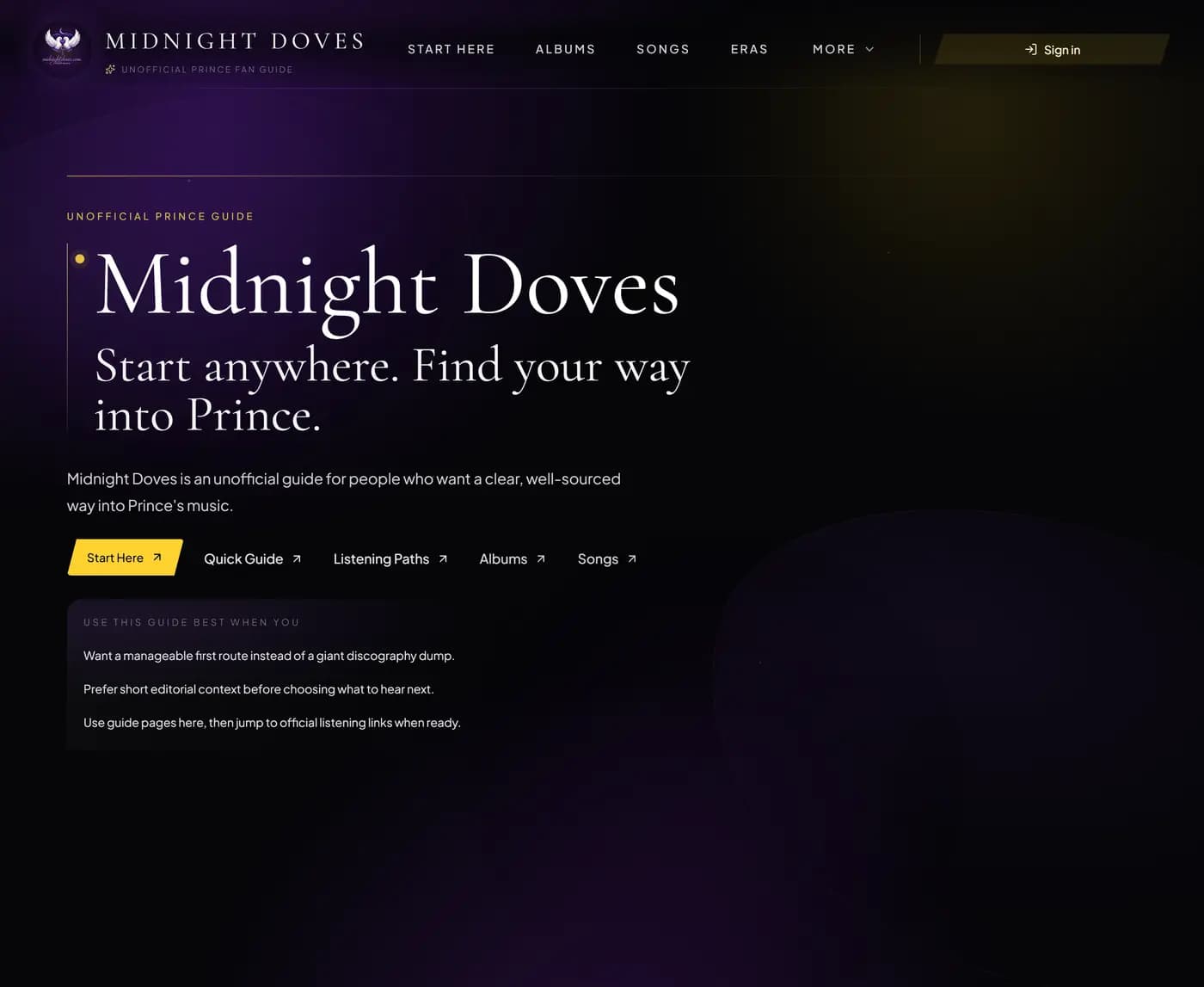 Midnight Doves homepage screenshot from a real NotSlop scan